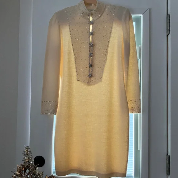 GORGEOUS Vintage St. John Collection IVORY Pearls Sequins Rhinestone Dress 6 - Picture 2 of 15
